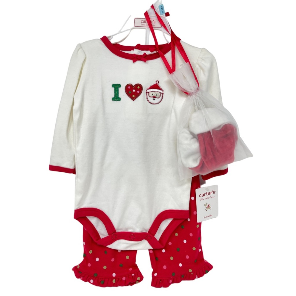 Vintage New I Love Santa 6m 3 piece Set Pants Long Sleeve Onesie Christmas Hat